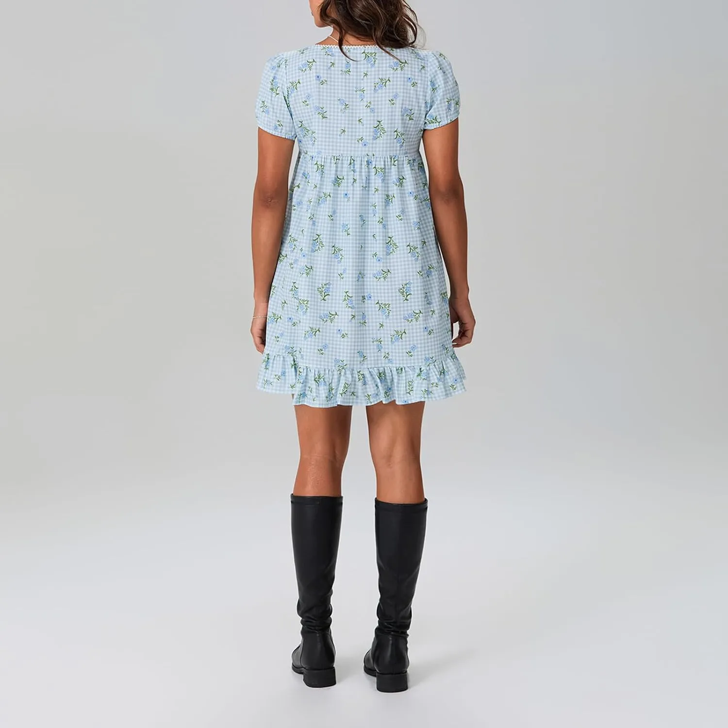 Women's Summer Mini Dress Y2k Cute Print Puff Sleeve Square Neck Ruffle Hem Flowy A-Line Short Dress