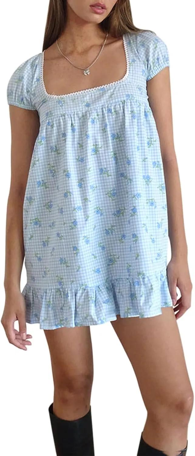 Women's Summer Mini Dress Y2k Cute Print Puff Sleeve Square Neck Ruffle Hem Flowy A-Line Short Dress