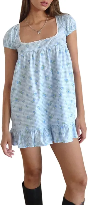 Women's Summer Mini Dress Y2k Cute Print Puff Sleeve Square Neck Ruffle Hem Flowy A-Line Short Dress