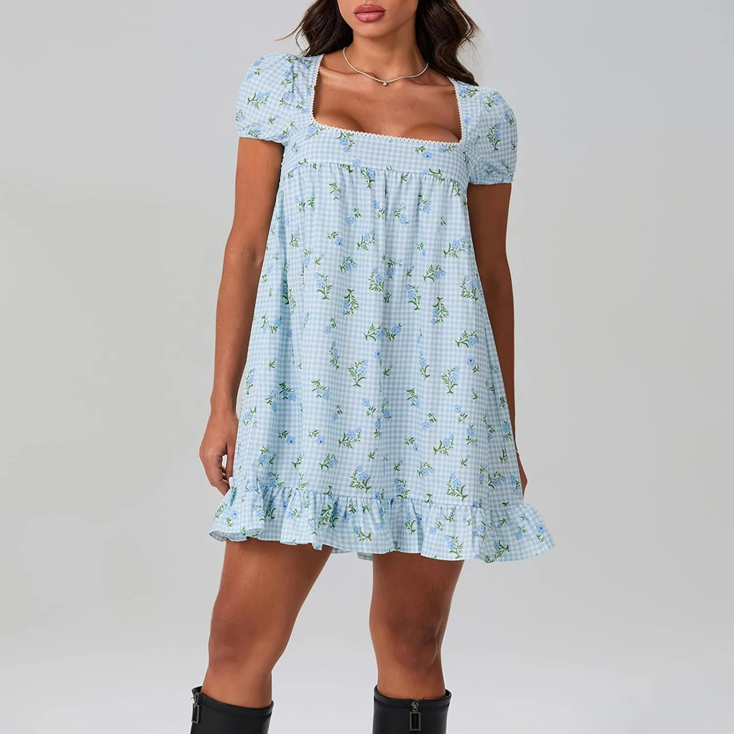 Women's Summer Mini Dress Y2k Cute Print Puff Sleeve Square Neck Ruffle Hem Flowy A-Line Short Dress