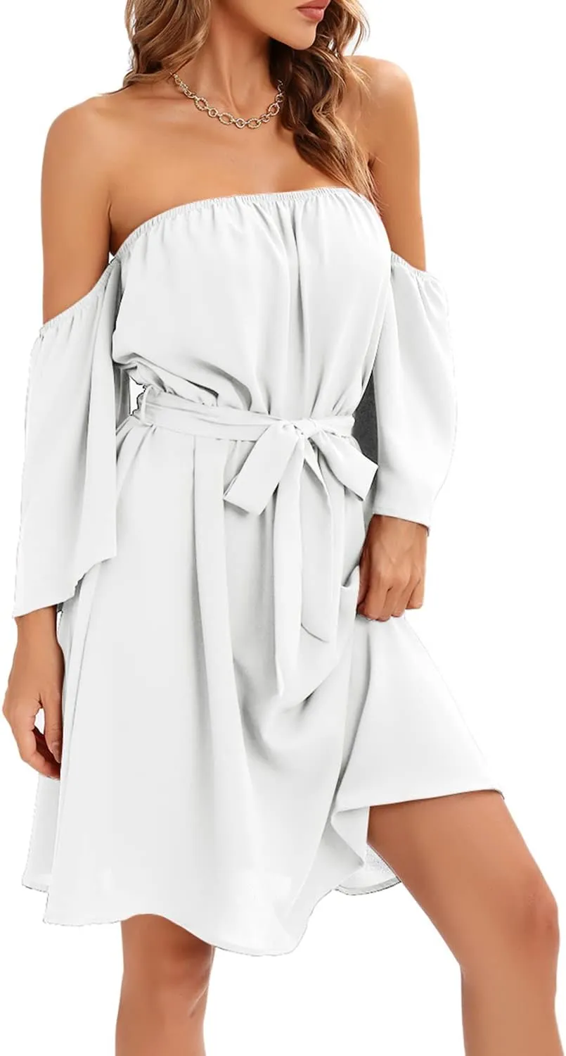 Womens Summer Off Shoulder Chiffon Mini Dress Waist Tie Belted Ruffle Sexy Short Sleeve Tunic Dress Swim Cover Up