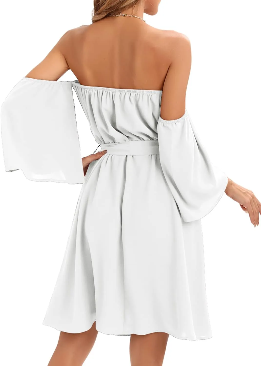 Womens Summer Off Shoulder Chiffon Mini Dress Waist Tie Belted Ruffle Sexy Short Sleeve Tunic Dress Swim Cover Up