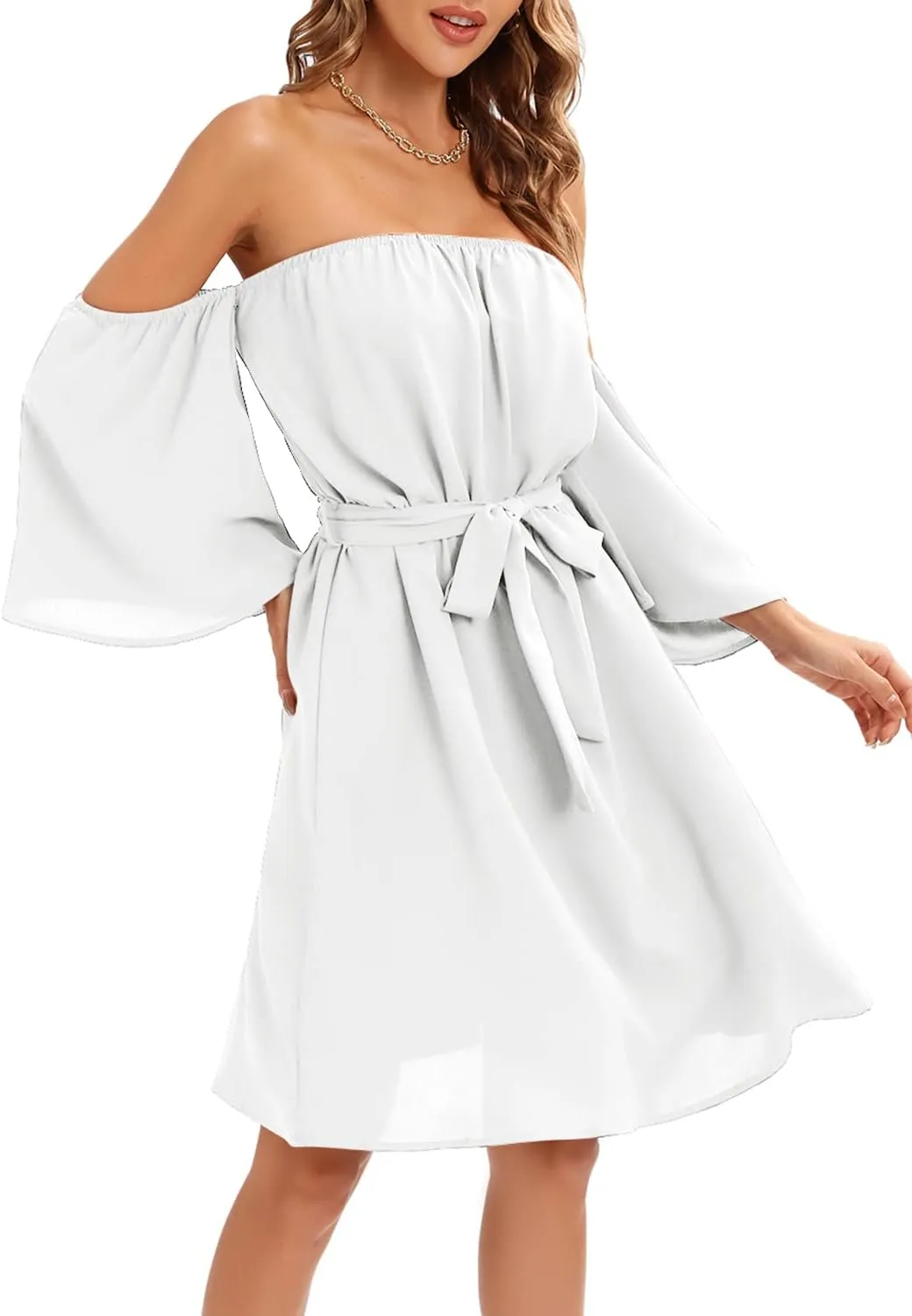 Womens Summer Off Shoulder Chiffon Mini Dress Waist Tie Belted Ruffle Sexy Short Sleeve Tunic Dress Swim Cover Up