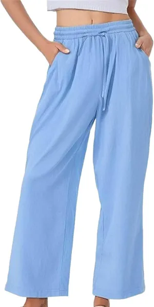 Women's Summer Pants Cotton Linen Drawstring Straight Leg Trousers Summer Lightweight Breahable Joggers Casual Pants
