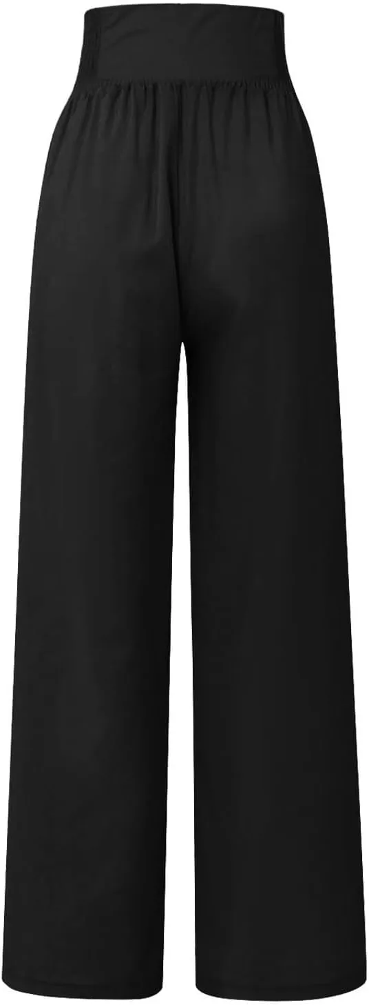 Women's Summer Pants, Drawstring High Waist Linen Palazzo Pants Wide Leg Lounge Pant Trousers with Pockets
