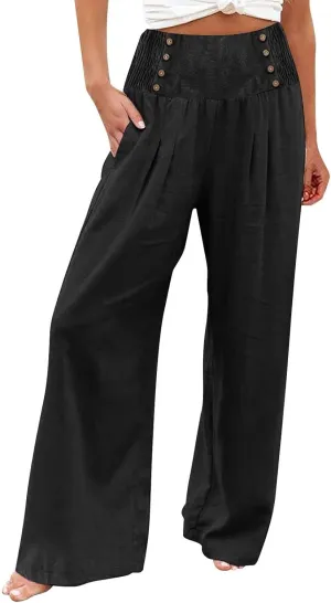Women's Summer Pants, Drawstring High Waist Linen Palazzo Pants Wide Leg Lounge Pant Trousers with Pockets