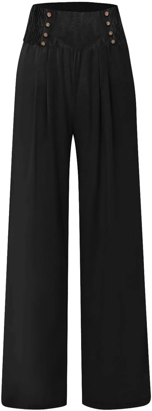 Women's Summer Pants, Drawstring High Waist Linen Palazzo Pants Wide Leg Lounge Pant Trousers with Pockets
