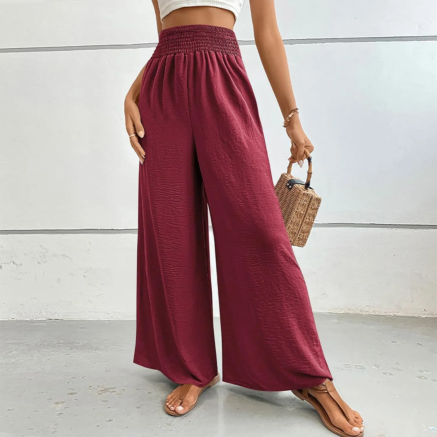 Women's Summer Ruched Wide Leg Pants High Waist Lightweight Long Pants Casual Solid Color Loose Flowy Beach Trousers