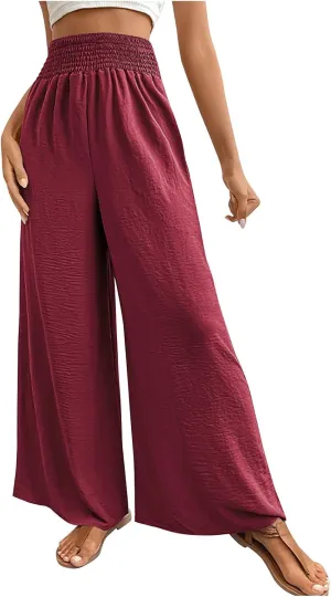 Women's Summer Ruched Wide Leg Pants High Waist Lightweight Long Pants Casual Solid Color Loose Flowy Beach Trousers