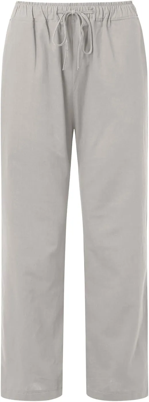 Women's Summer Wide Leg Pants Drawstring Elastic Waist Loose Pants Cotton Linen Palazzo Casual Beach Trousers