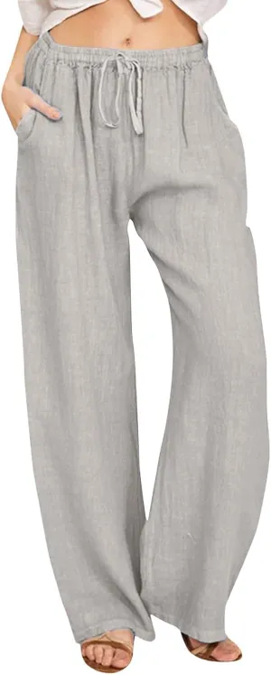 Women's Summer Wide Leg Pants Drawstring Elastic Waist Loose Pants Cotton Linen Palazzo Casual Beach Trousers