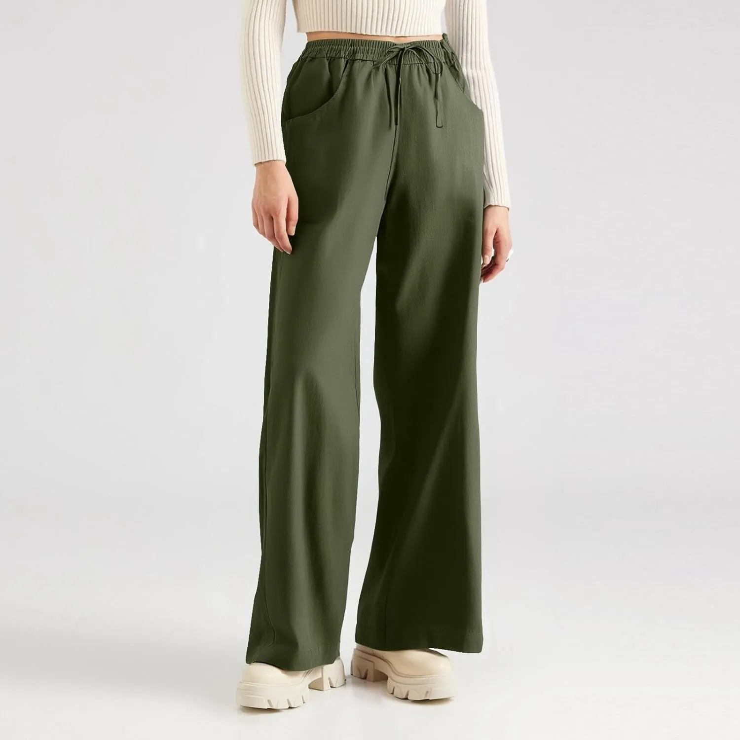 Womens Sweatpants Wide Leg Linen Pants Summer Drastring Adjustable Palazzo Pants Lounge Pants with Pockets