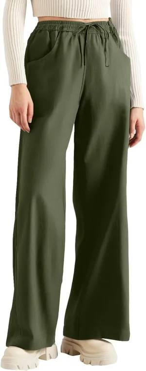Womens Sweatpants Wide Leg Linen Pants Summer Drastring Adjustable Palazzo Pants Lounge Pants with Pockets