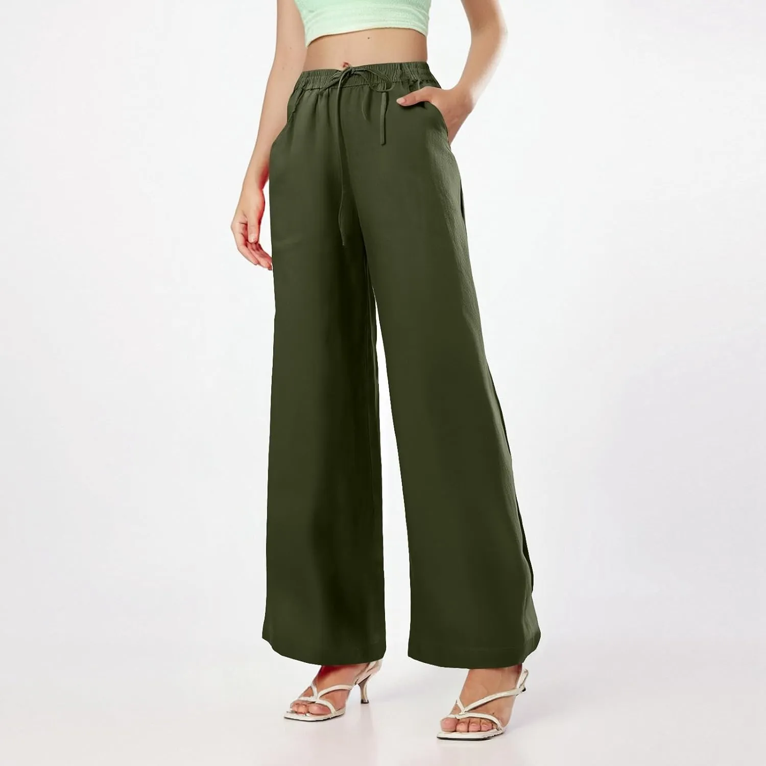 Womens Sweatpants Wide Leg Linen Pants Summer Drastring Adjustable Palazzo Pants Lounge Pants with Pockets