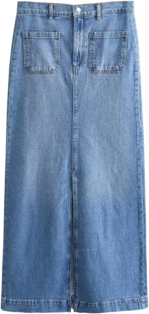 Women's Trendy High Waisted Hip Wrap with Pockets Denim Skirt Sexy Slim Long Skirt