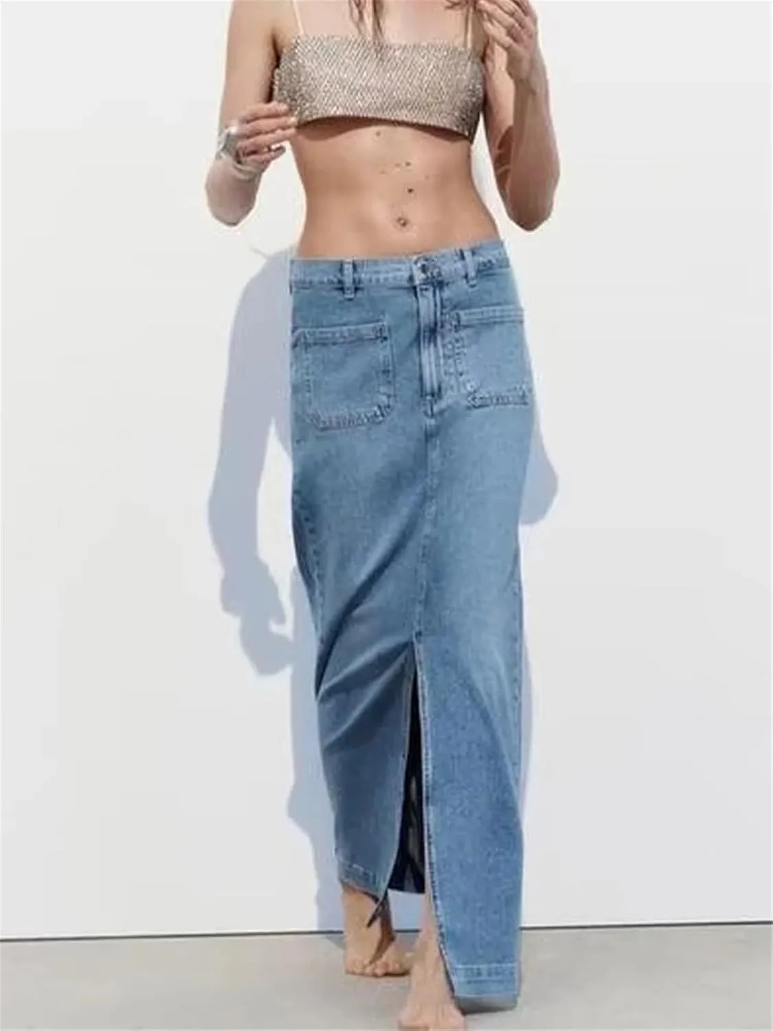 Women's Trendy High Waisted Hip Wrap with Pockets Denim Skirt Sexy Slim Long Skirt