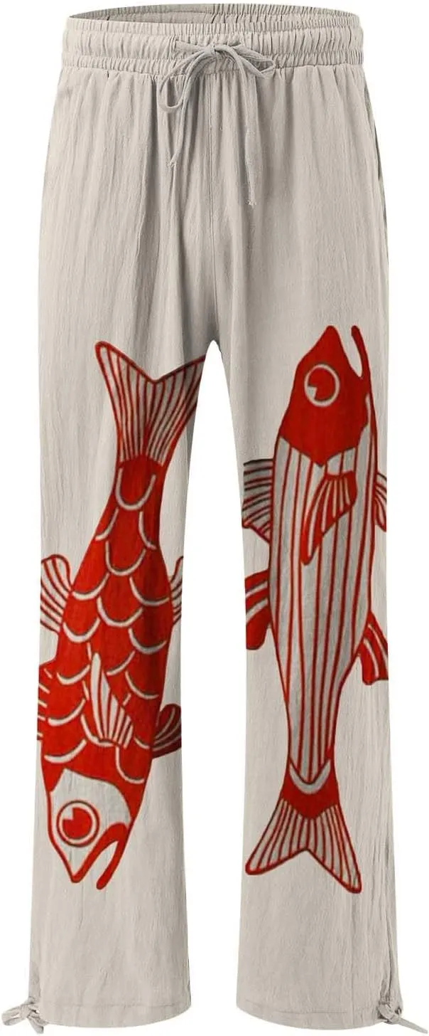Women's Vintage Art Print Cotton and Linen Casual Pants Casual Wide Leg Trousers Womens Maternity