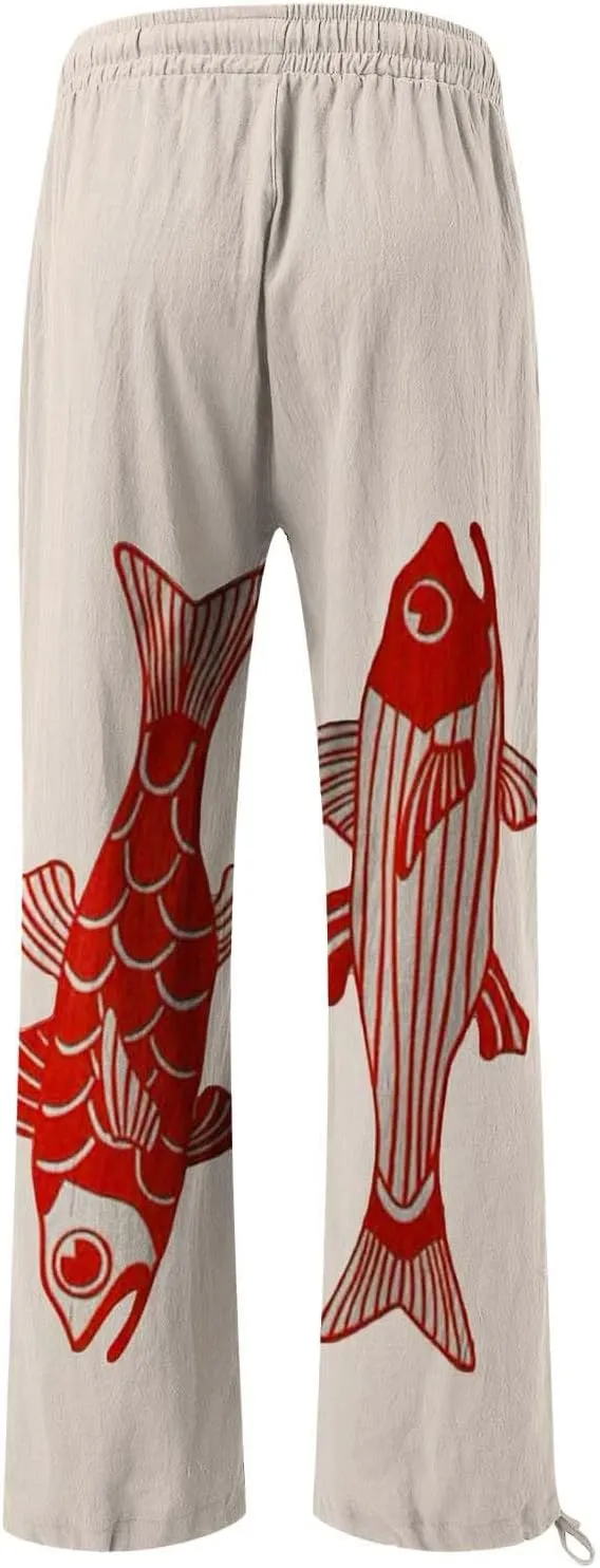 Women's Vintage Art Print Cotton and Linen Casual Pants Casual Wide Leg Trousers Womens Maternity