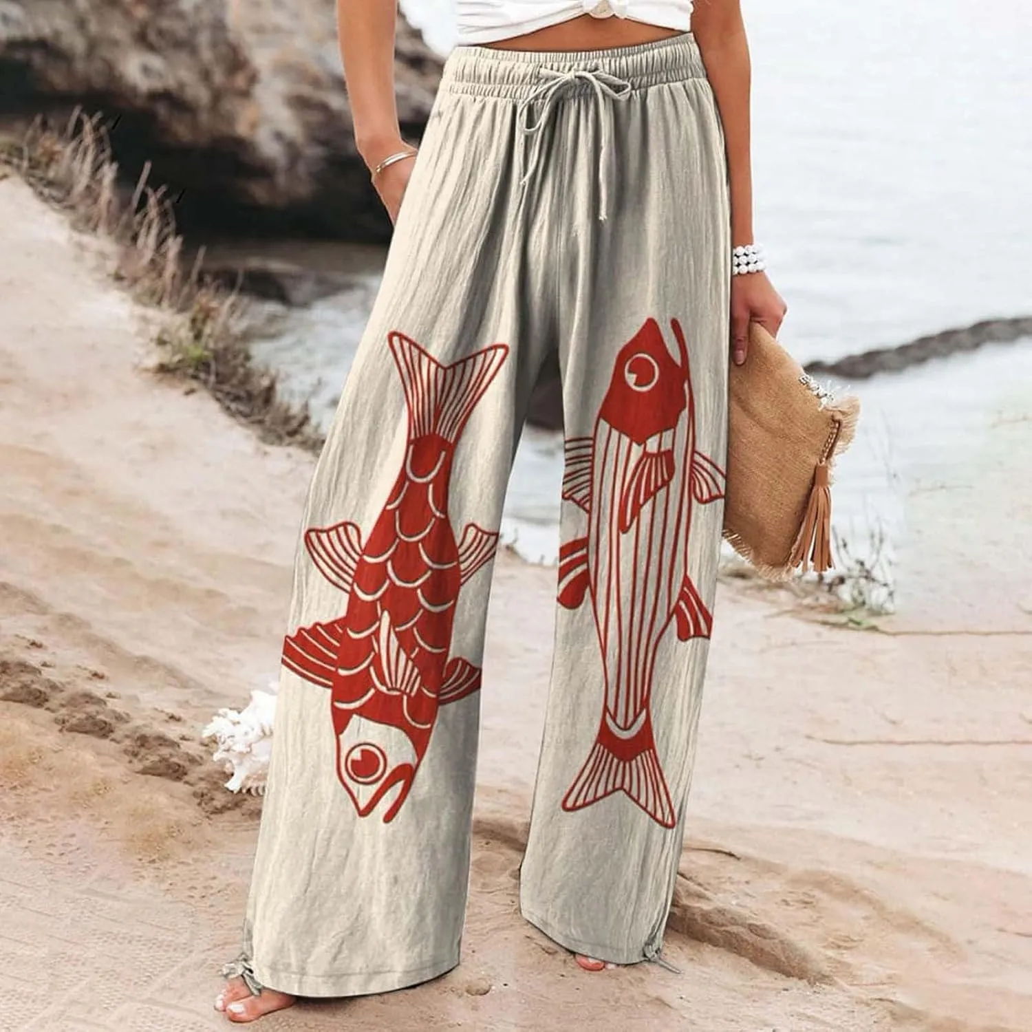 Women's Vintage Art Print Cotton and Linen Casual Pants Casual Wide Leg Trousers Womens Maternity
