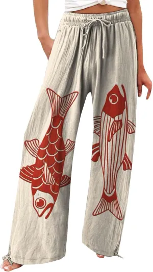 Women's Vintage Art Print Cotton and Linen Casual Pants Casual Wide Leg Trousers Womens Maternity