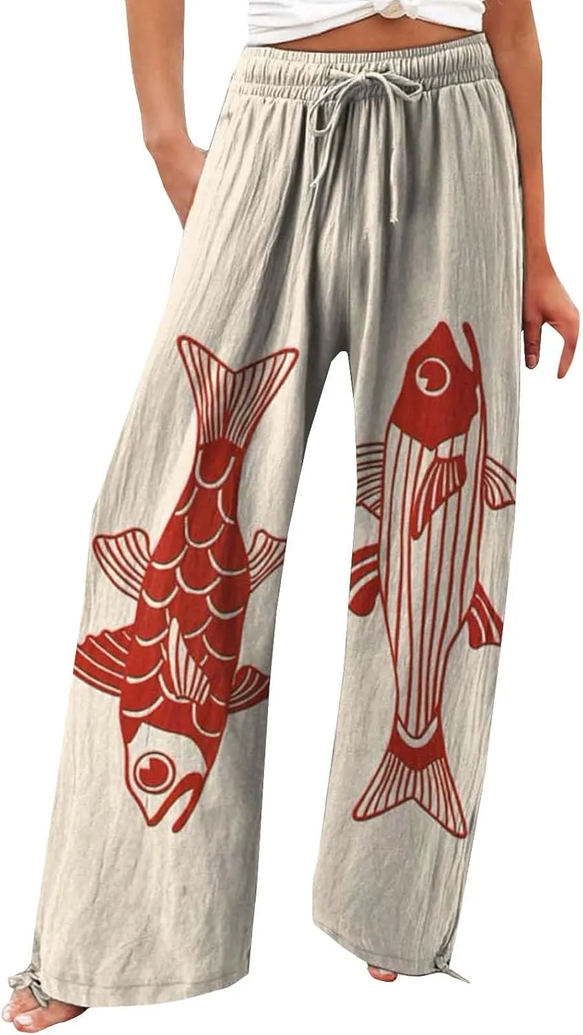 Women's Vintage Art Print Cotton and Linen Casual Pants Casual Wide Leg Trousers Womens Maternity