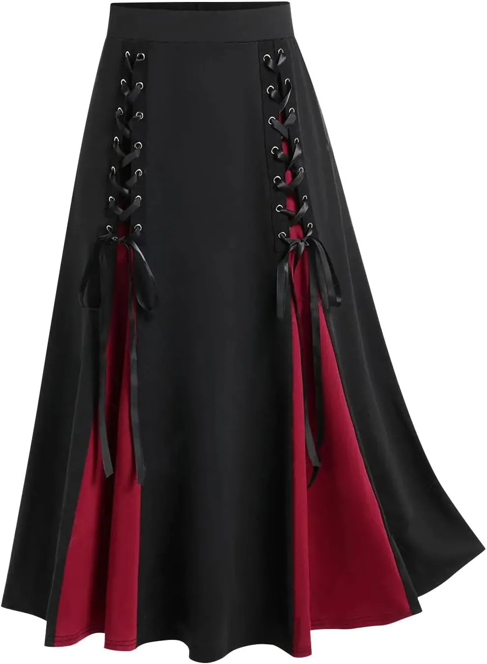 Women's Vintage Gothic Long Skirt High Waist Patchwork Bandage Pleated Midi Skirt Fashion Retro Court Skirts