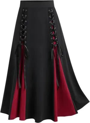 Women's Vintage Gothic Long Skirt High Waist Patchwork Bandage Pleated Midi Skirt Fashion Retro Court Skirts