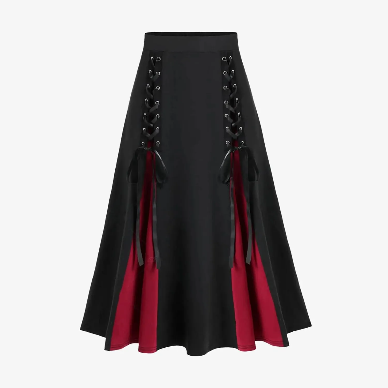 Women's Vintage Gothic Long Skirt High Waist Patchwork Bandage Pleated Midi Skirt Fashion Retro Court Skirts