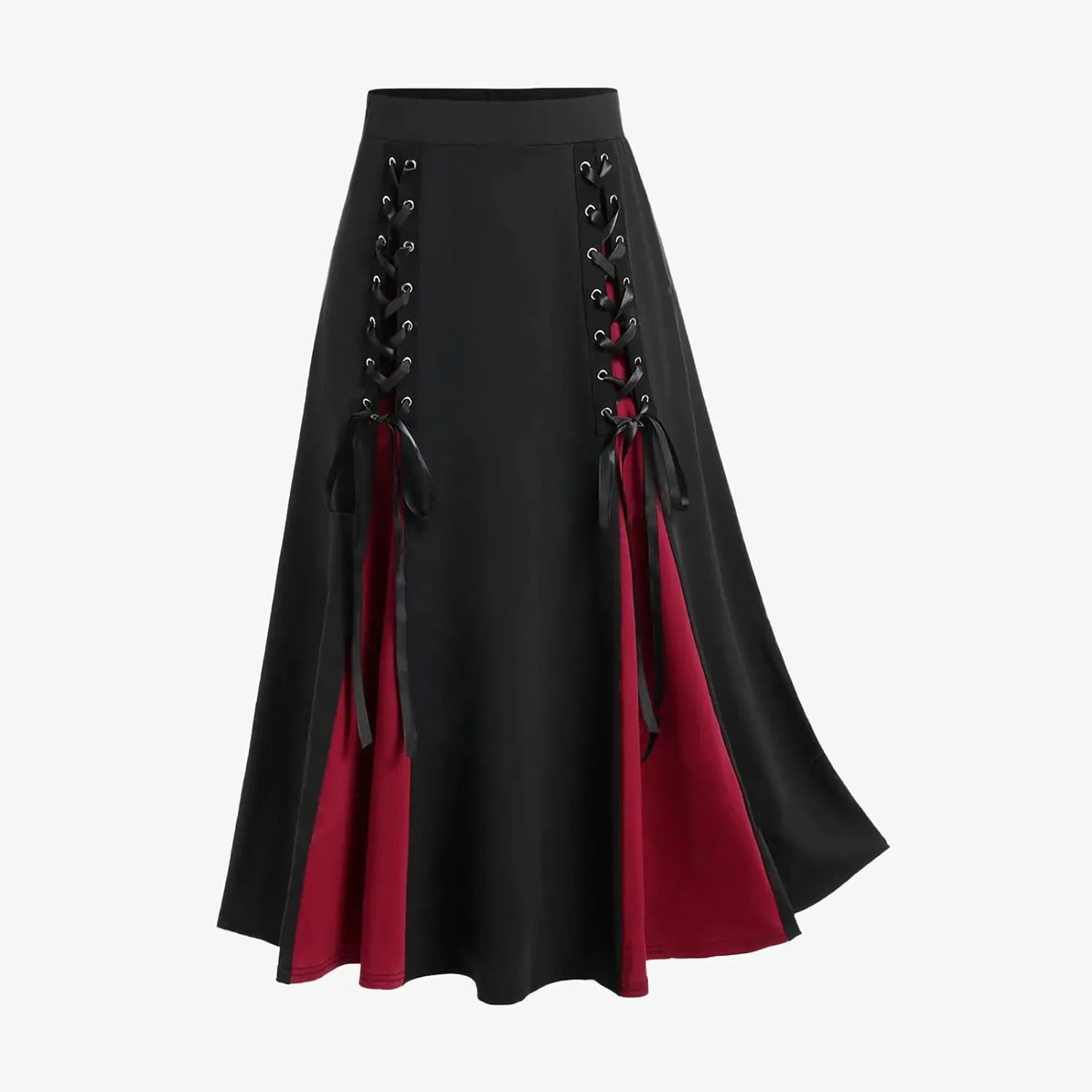 Women's Vintage Gothic Long Skirt High Waist Patchwork Bandage Pleated Midi Skirt Fashion Retro Court Skirts