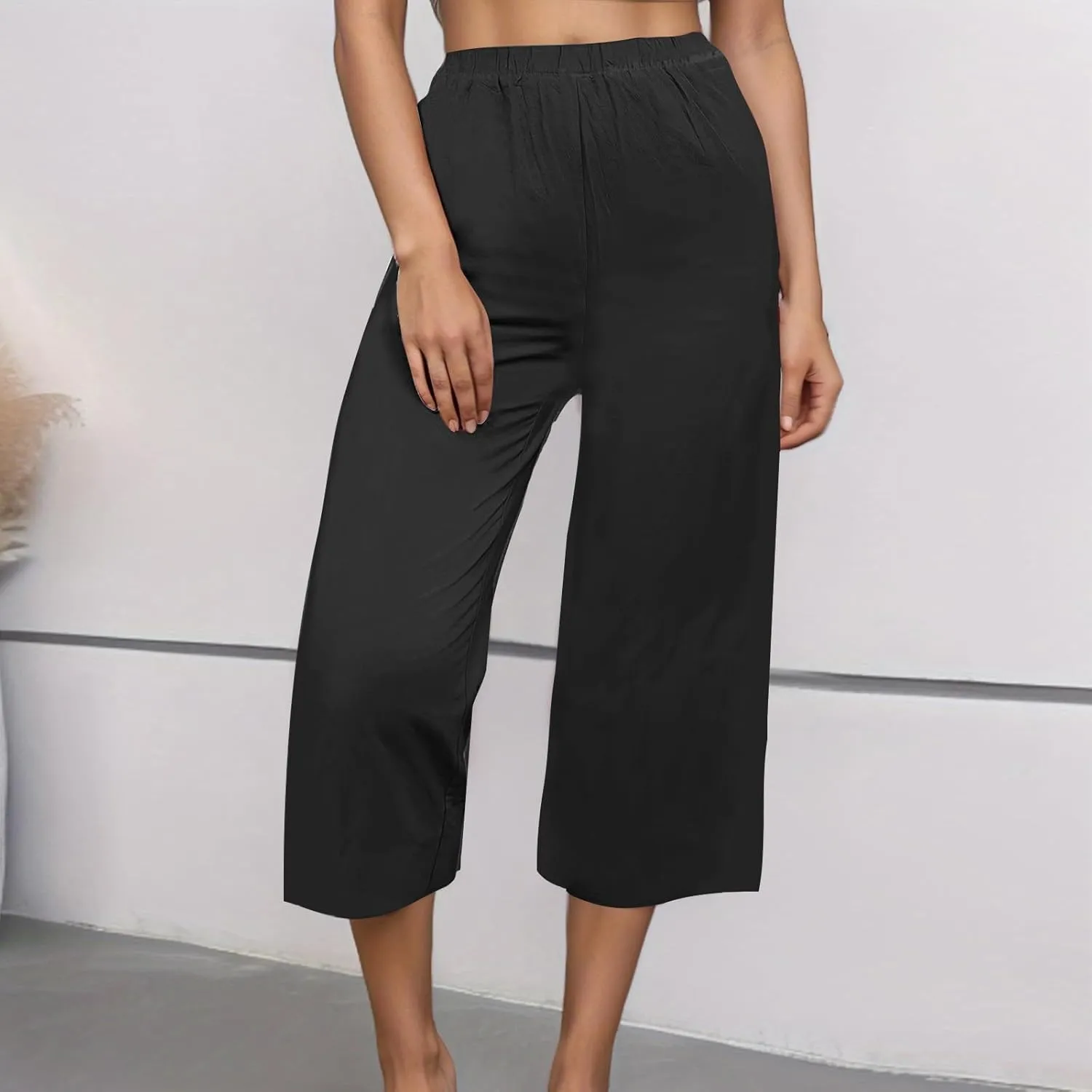 Women's Wide Leg Cropped Pants High Waist Cotton Linen Capris Pants Summer Vacation Fashion Outfit Casual Trousers