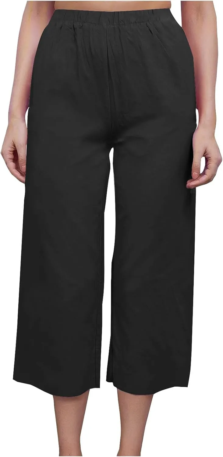 Women's Wide Leg Cropped Pants High Waist Cotton Linen Capris Pants Summer Vacation Fashion Outfit Casual Trousers