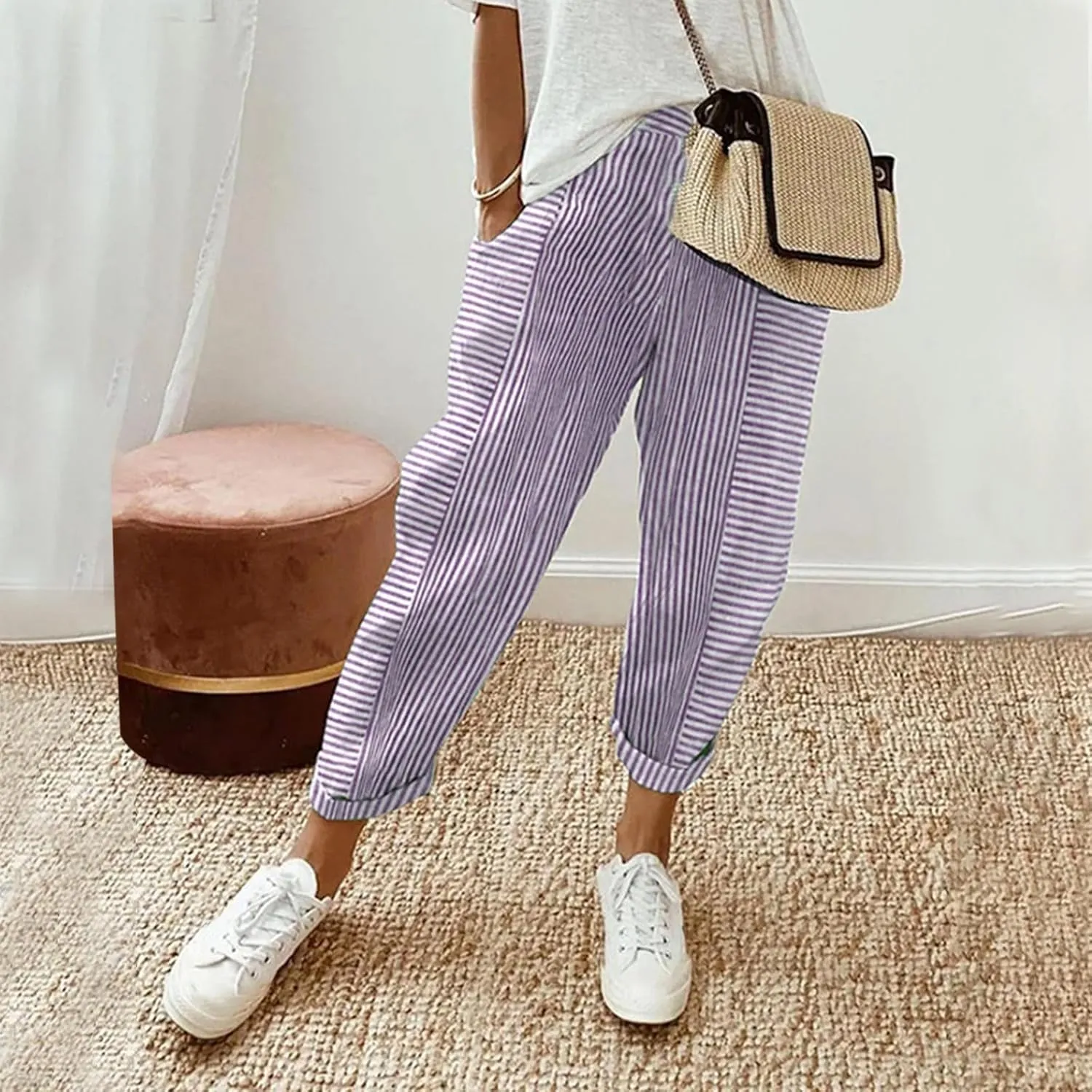 Women's Wide Leg Harem Pants Baggy Lounge Linen Elastic Waist Joggers Patchwork Straight Trousers with Pockets