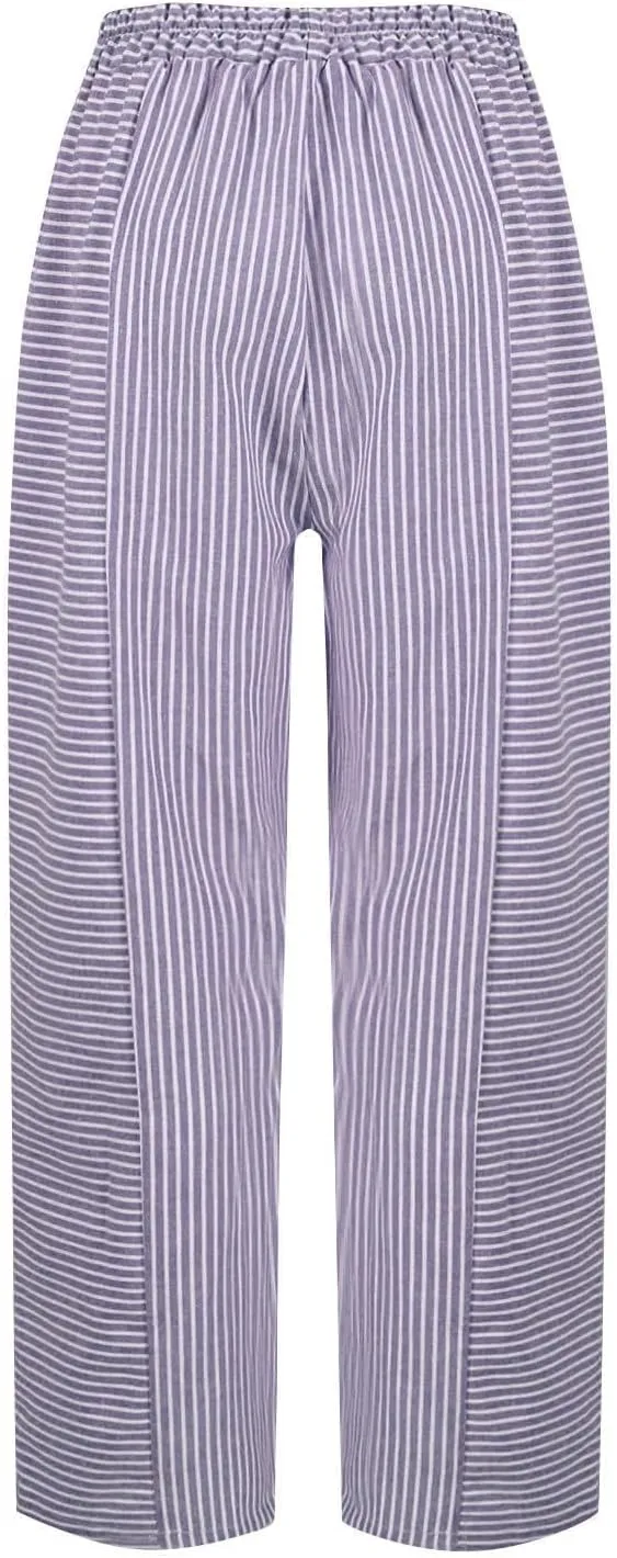Women's Wide Leg Harem Pants Baggy Lounge Linen Elastic Waist Joggers Patchwork Straight Trousers with Pockets