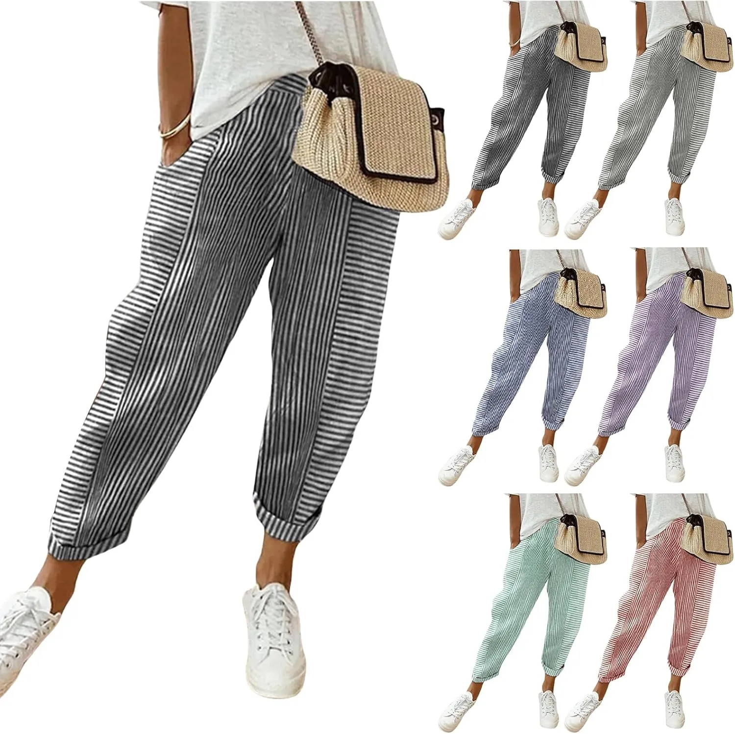 Women's Wide Leg Harem Pants Baggy Lounge Linen Elastic Waist Joggers Patchwork Straight Trousers with Pockets