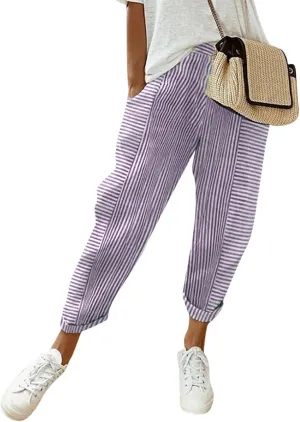 Women's Wide Leg Harem Pants Baggy Lounge Linen Elastic Waist Joggers Patchwork Straight Trousers with Pockets