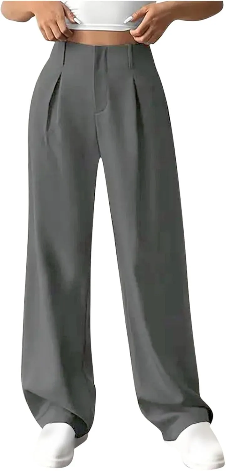 Women's Wide Leg Pants Dressy Flowy Summer Beach Palazzo Pants Elastic Waist Baggy Trousers for Business