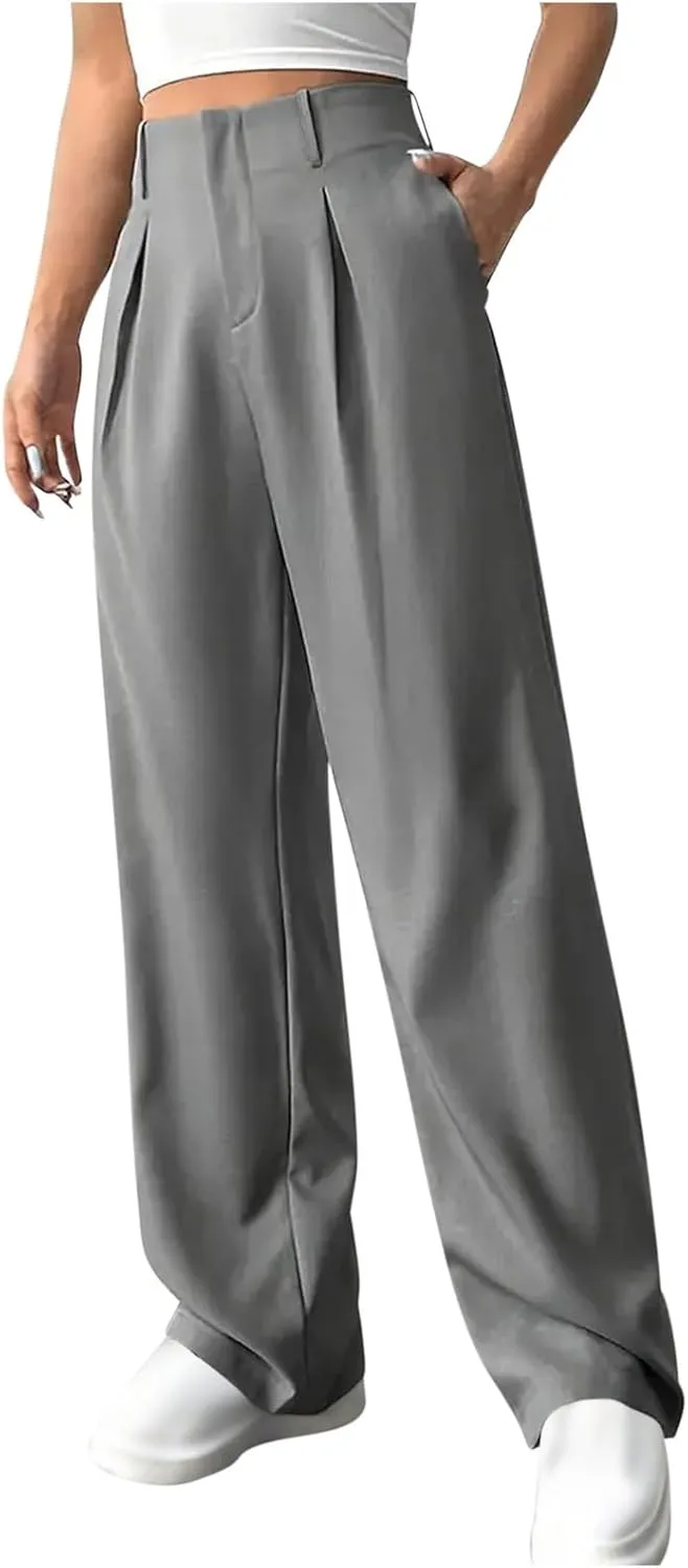 Women's Wide Leg Pants Dressy Flowy Summer Beach Palazzo Pants Elastic Waist Baggy Trousers for Business