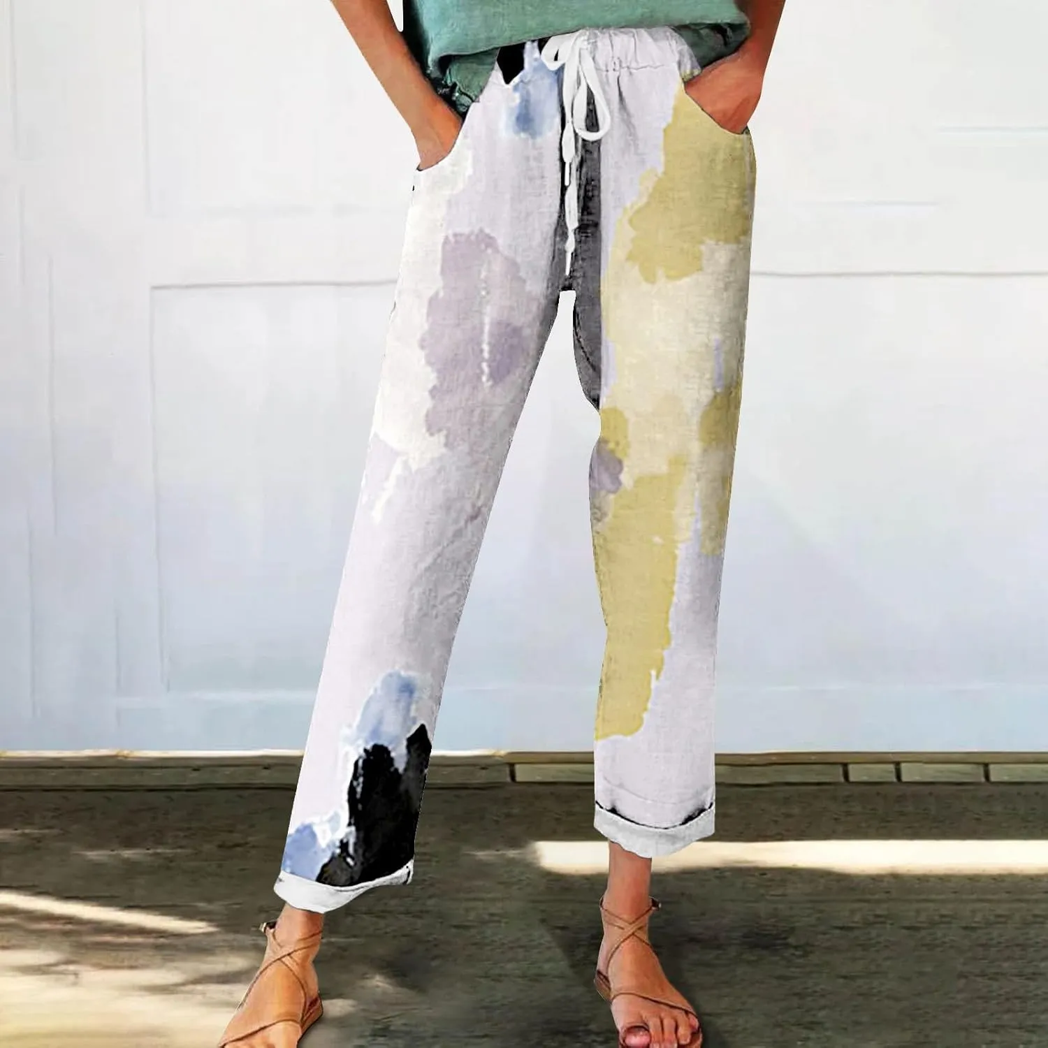 Women's Wide Leg Pants Summer Outfits Drawstring Elastic Waist Pants High Waisted Trousers Casual Beach