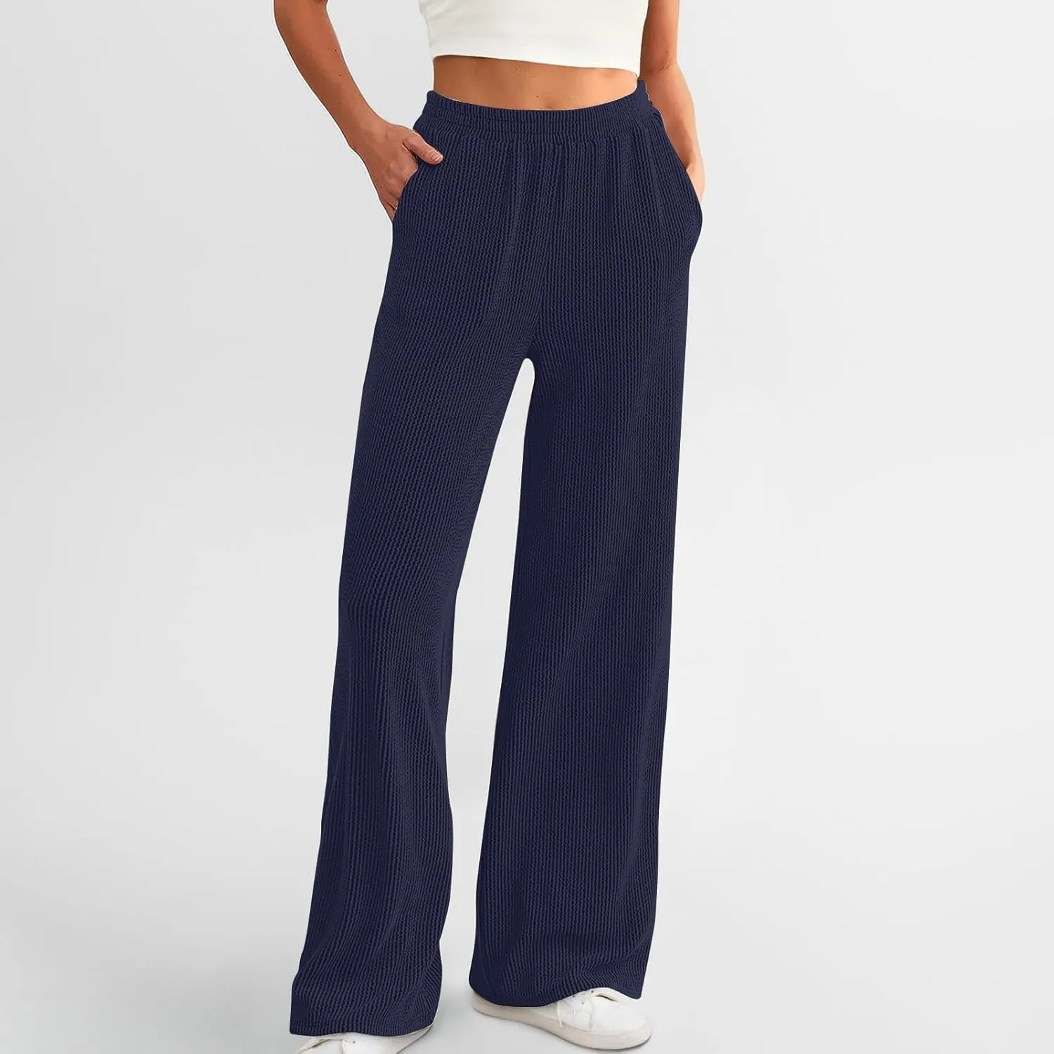 Women's Wide Leg Ribbed Knit Pants Trendy High Waist Elastic Straight Palazzo Pants Classic Casual Solid Trousers