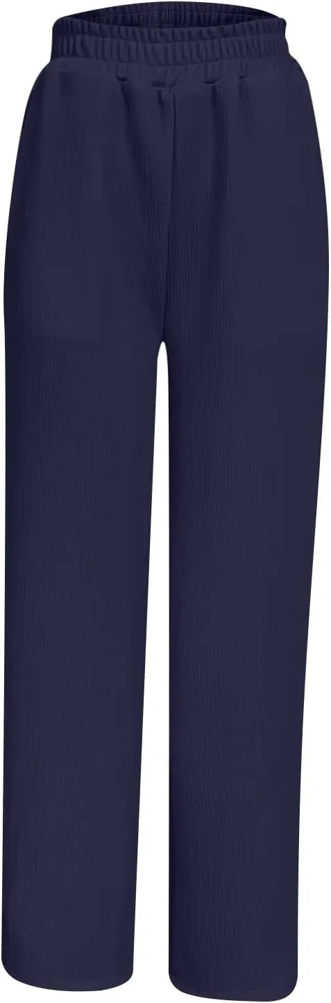 Women's Wide Leg Ribbed Knit Pants Trendy High Waist Elastic Straight Palazzo Pants Classic Casual Solid Trousers
