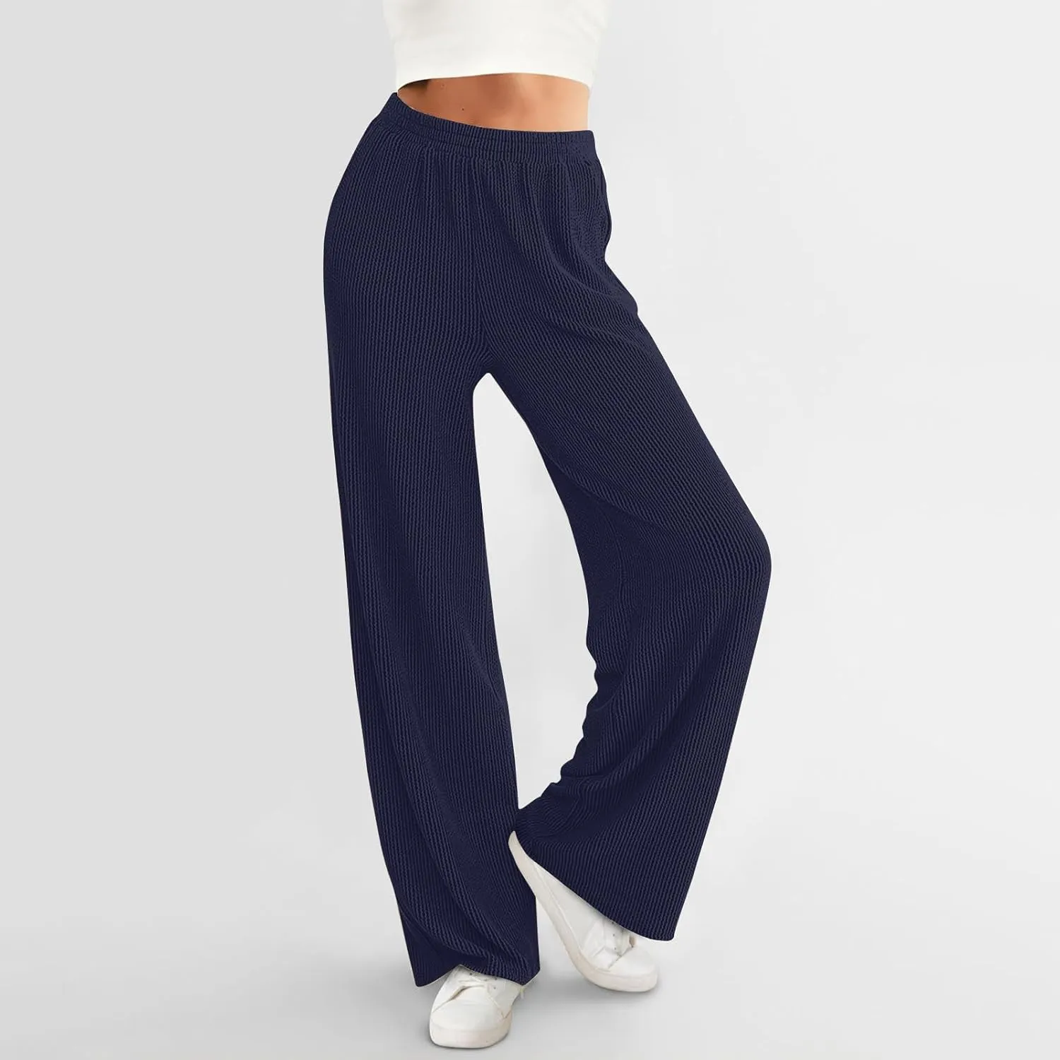 Women's Wide Leg Ribbed Knit Pants Trendy High Waist Elastic Straight Palazzo Pants Classic Casual Solid Trousers