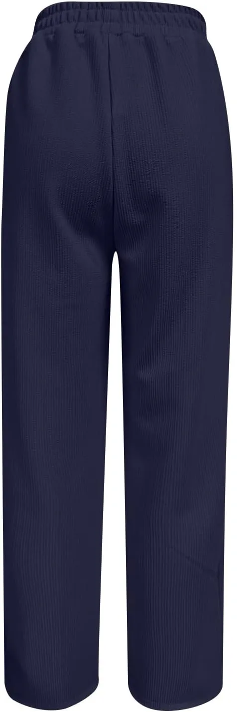 Women's Wide Leg Ribbed Knit Pants Trendy High Waist Elastic Straight Palazzo Pants Classic Casual Solid Trousers