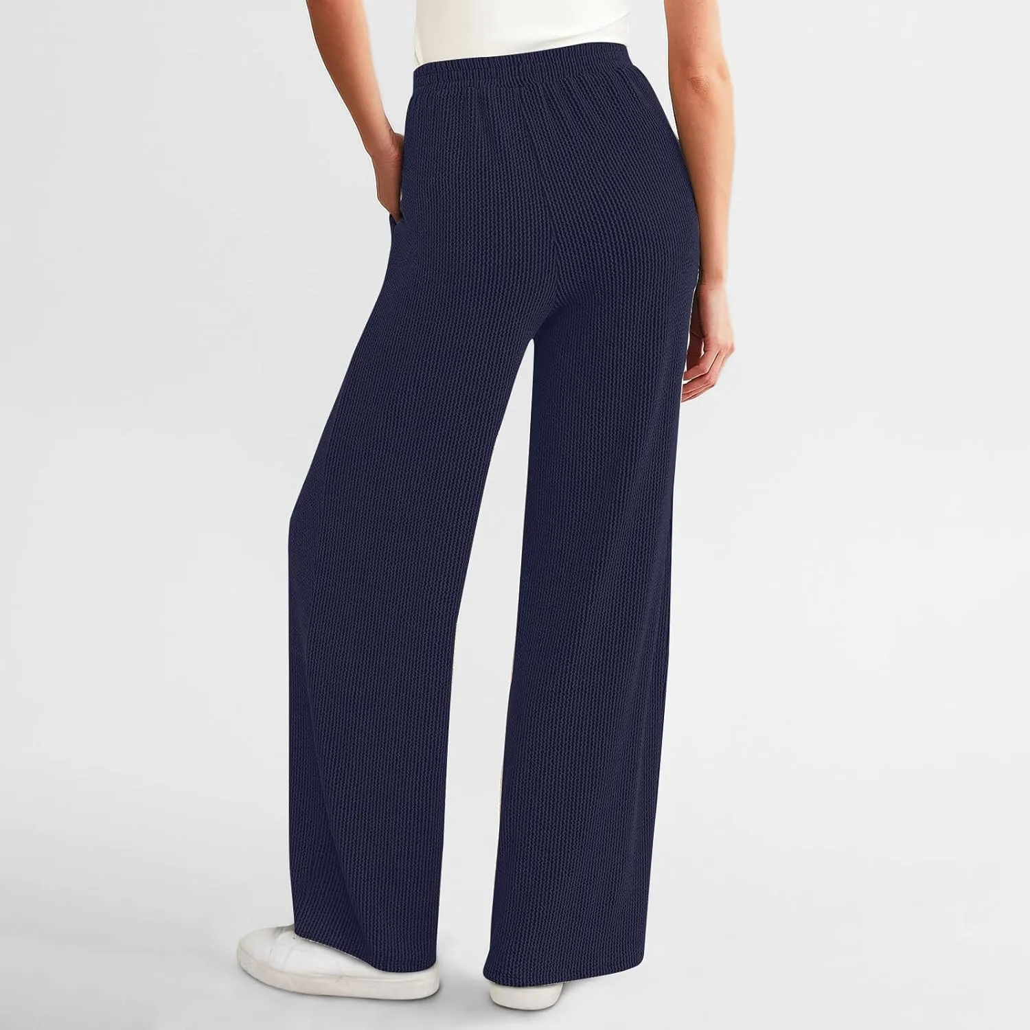 Women's Wide Leg Ribbed Knit Pants Trendy High Waist Elastic Straight Palazzo Pants Classic Casual Solid Trousers