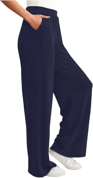 Women's Wide Leg Ribbed Knit Pants Trendy High Waist Elastic Straight Palazzo Pants Classic Casual Solid Trousers