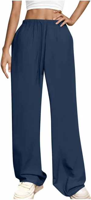 Womens Wide Leg Yoga Pants Linen Elastic High Waist Drawstring Lounge Trousers Summer Boho Flowy Slacks