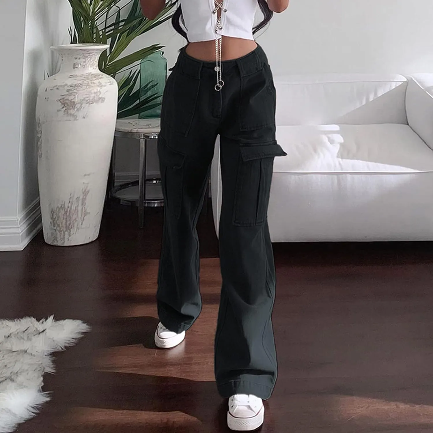 Women's Y2K Fashion Wide Leg High Waist Loose Fit Cargo Jeans Denim Pants Boyfriend Jeans for Teen Girls with Pockets
