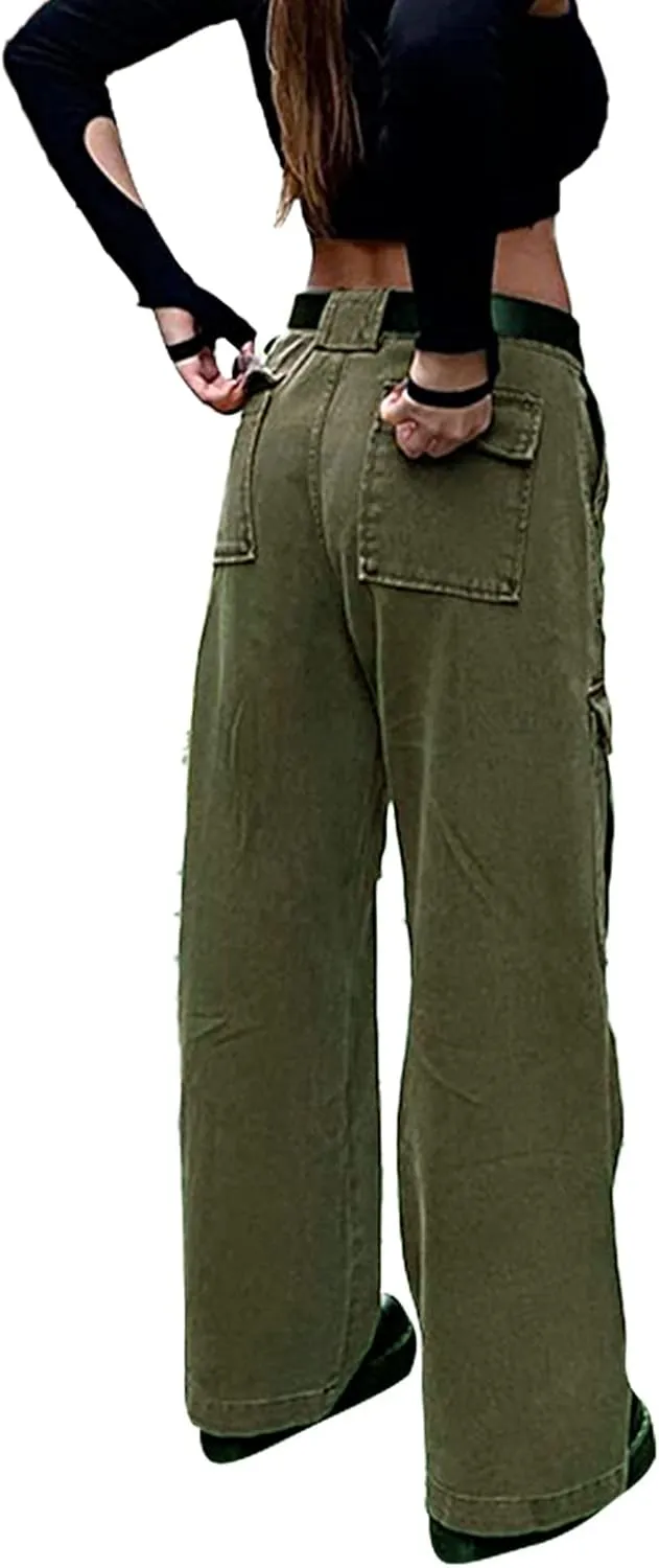 Women's Y2K Fashion Wide Leg High Waist Loose Fit Cargo Jeans Denim Pants Boyfriend Jeans for Teen Girls with Pockets