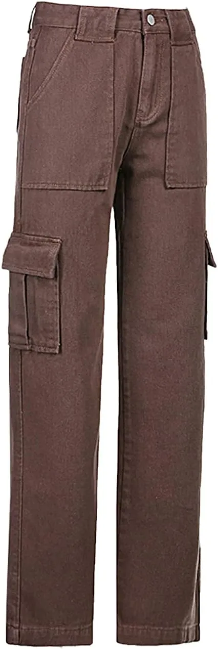 Women's Y2K Fashion Wide Leg High Waist Loose Fit Cargo Jeans Denim Pants Boyfriend Jeans for Teen Girls with Pockets