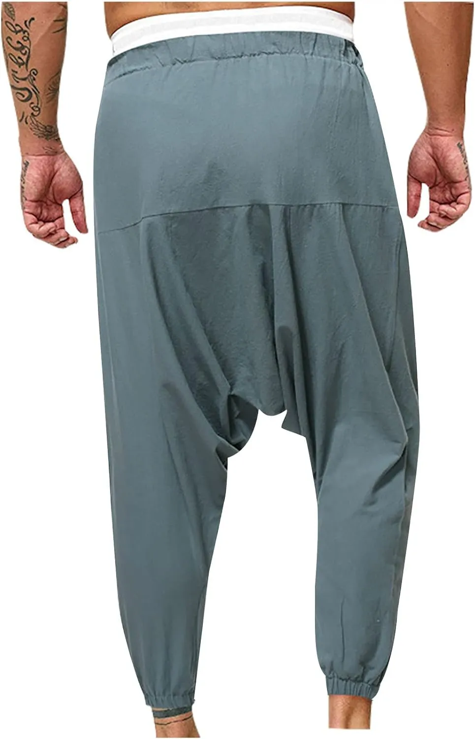XUNRYAN Men's Linen Harem Palazzo Pants Lightweight Loose Fit Long Elastic Waist Casual Beach Yoga Trousers Cropped Joggers