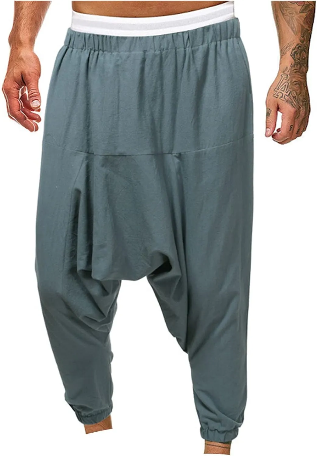 XUNRYAN Men's Linen Harem Palazzo Pants Lightweight Loose Fit Long Elastic Waist Casual Beach Yoga Trousers Cropped Joggers